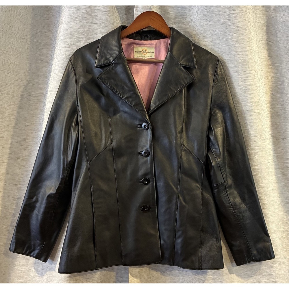 Wilsons Leather Jacket Maxima Black Collar Pink Lining Zip Up Women's Sz L Y2K